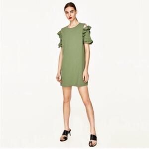 2/$30 ZARA Ruffle Zip Cold Shoulder Shift Dress Olive Convertible Sleeve #7043